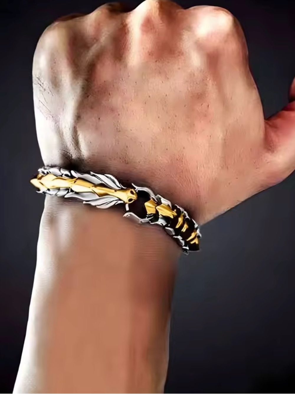 Retro Two-Toned Gold & Silver Metal Dragon Link Bracelet - Picture 3 of 10